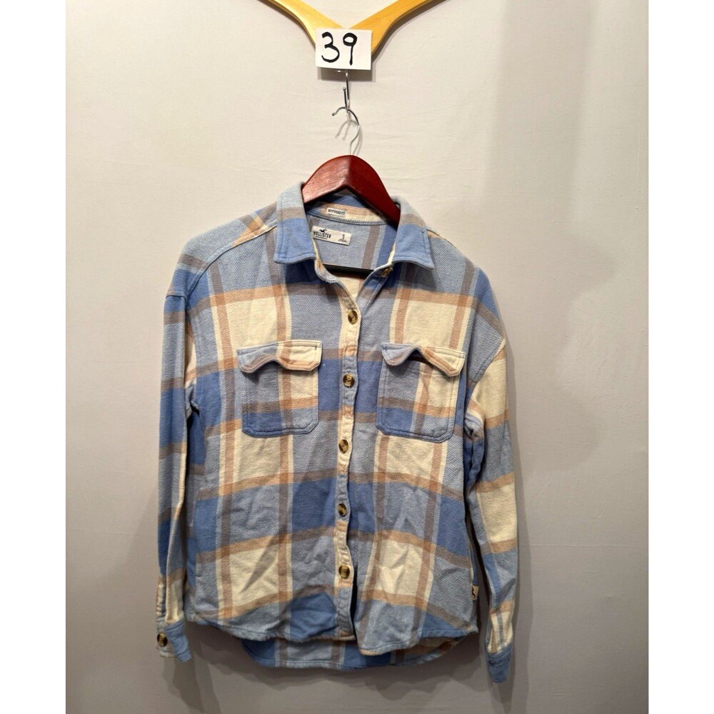 Hollister Men’s S Plaid Flannel Boyfriend Fit Button-Up Shirt Pockets Blue Beige